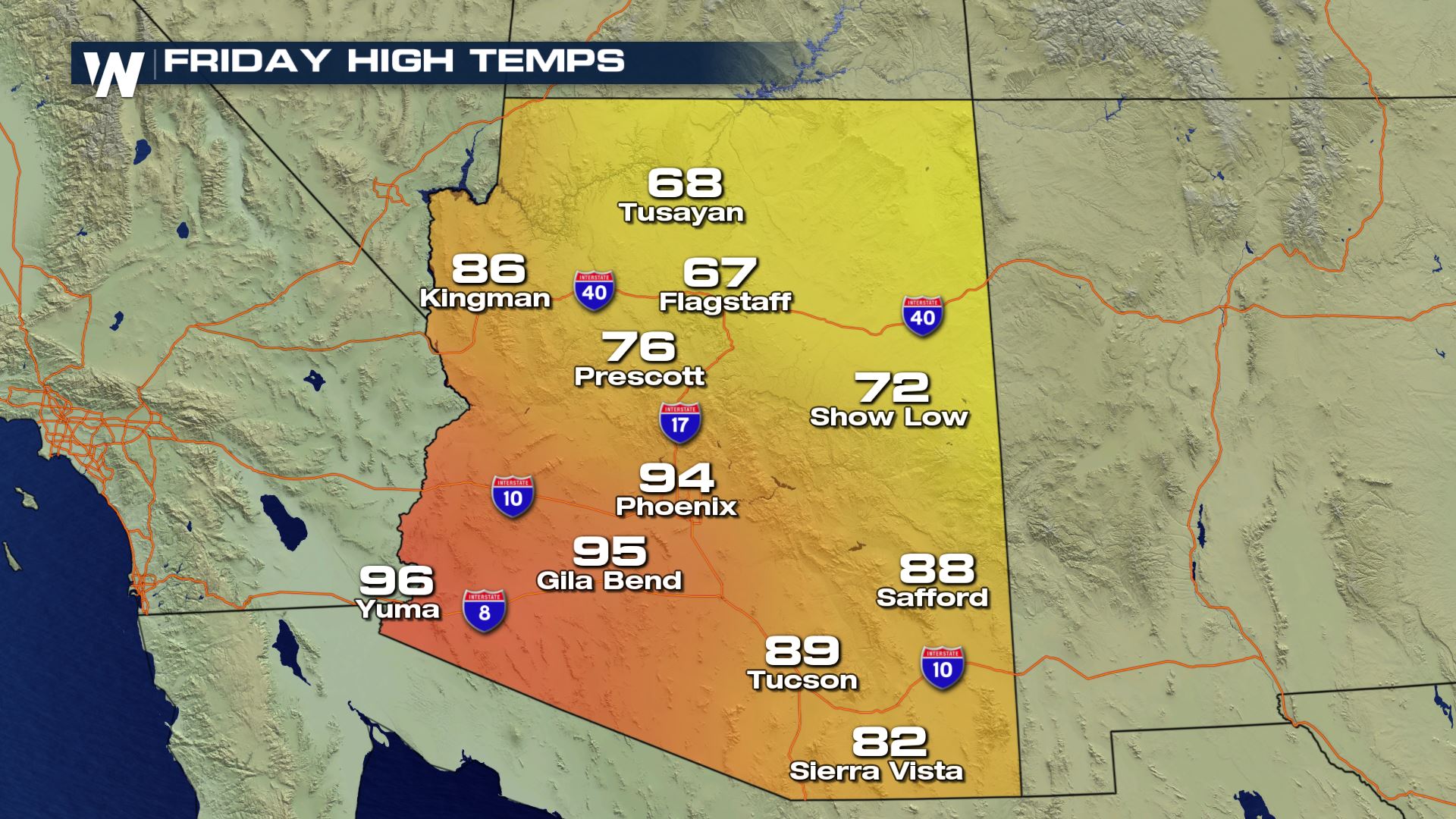 arizona map with weather temperatures