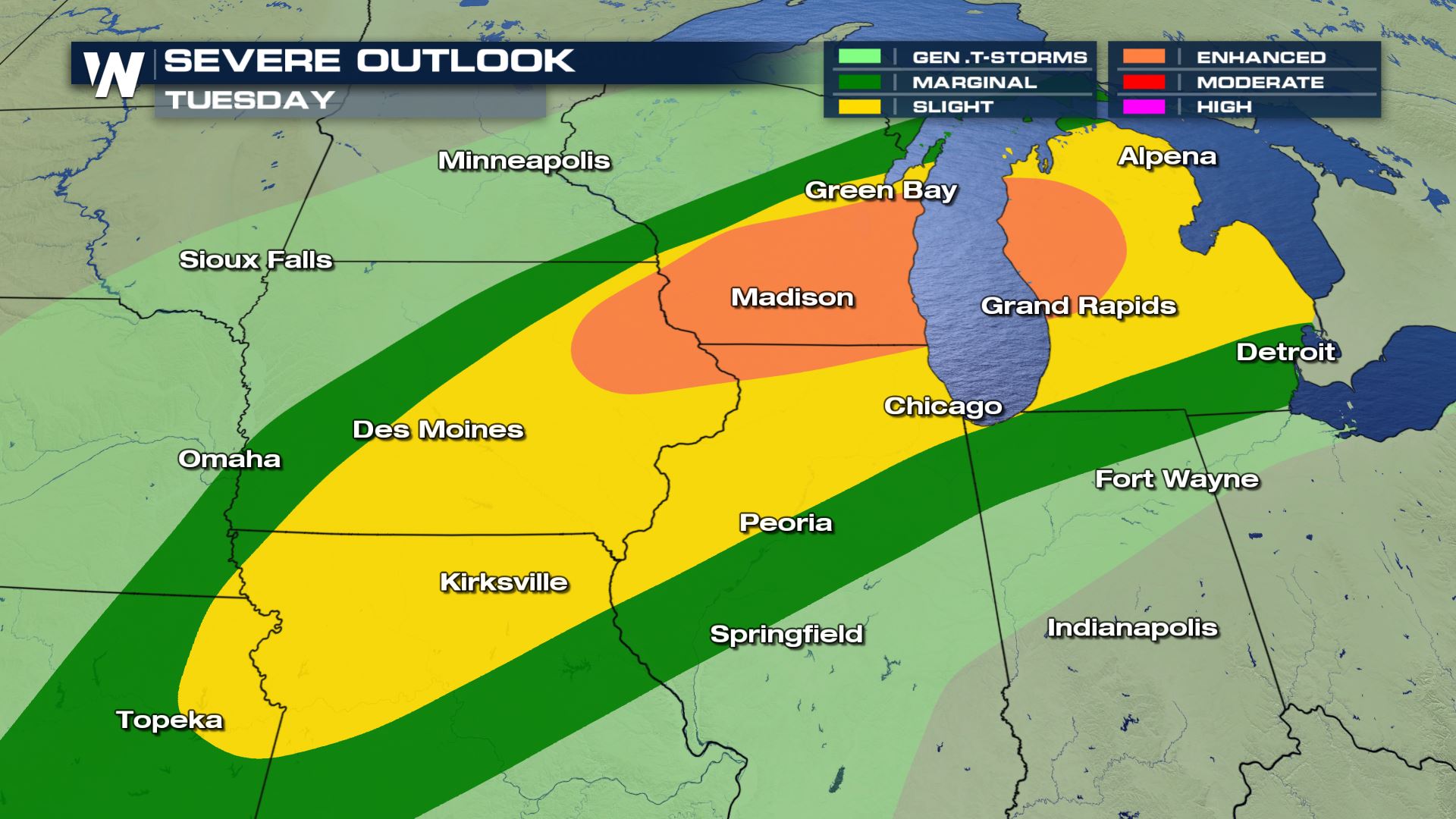 Severe Storms and Heavy Rain from Missouri to Michigan Tuesday