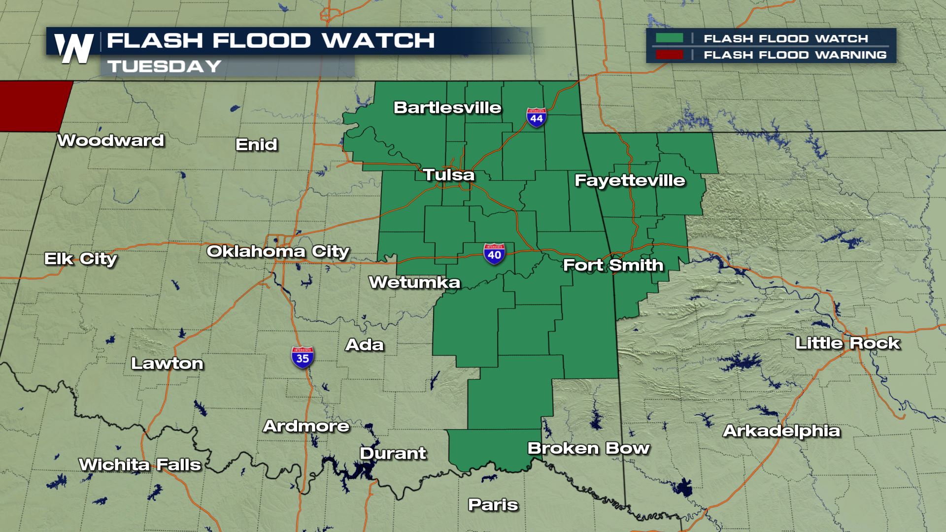 Flash Flooding Risk for Eastern Oklahoma and Western Arkansas Tuesday