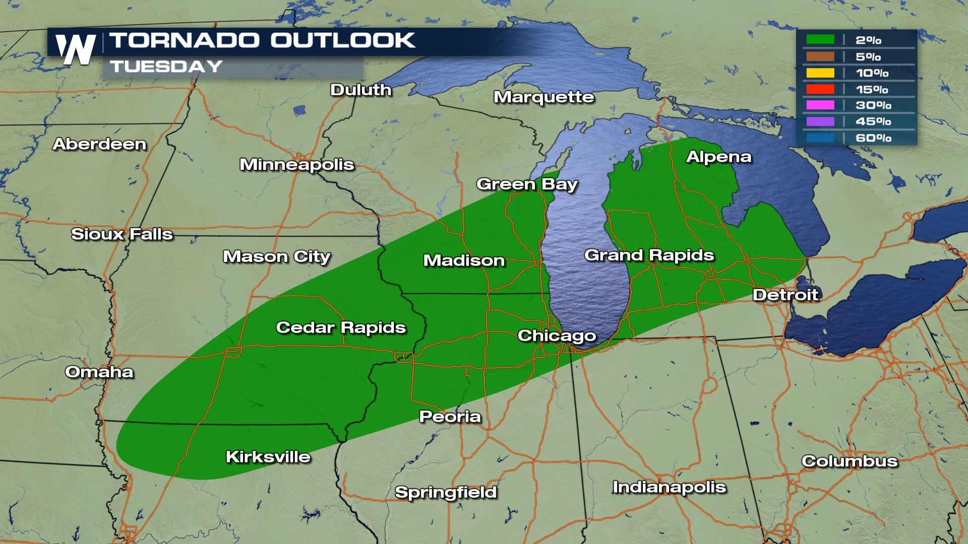 Severe Storms and Heavy Rain from Missouri to Michigan Tuesday