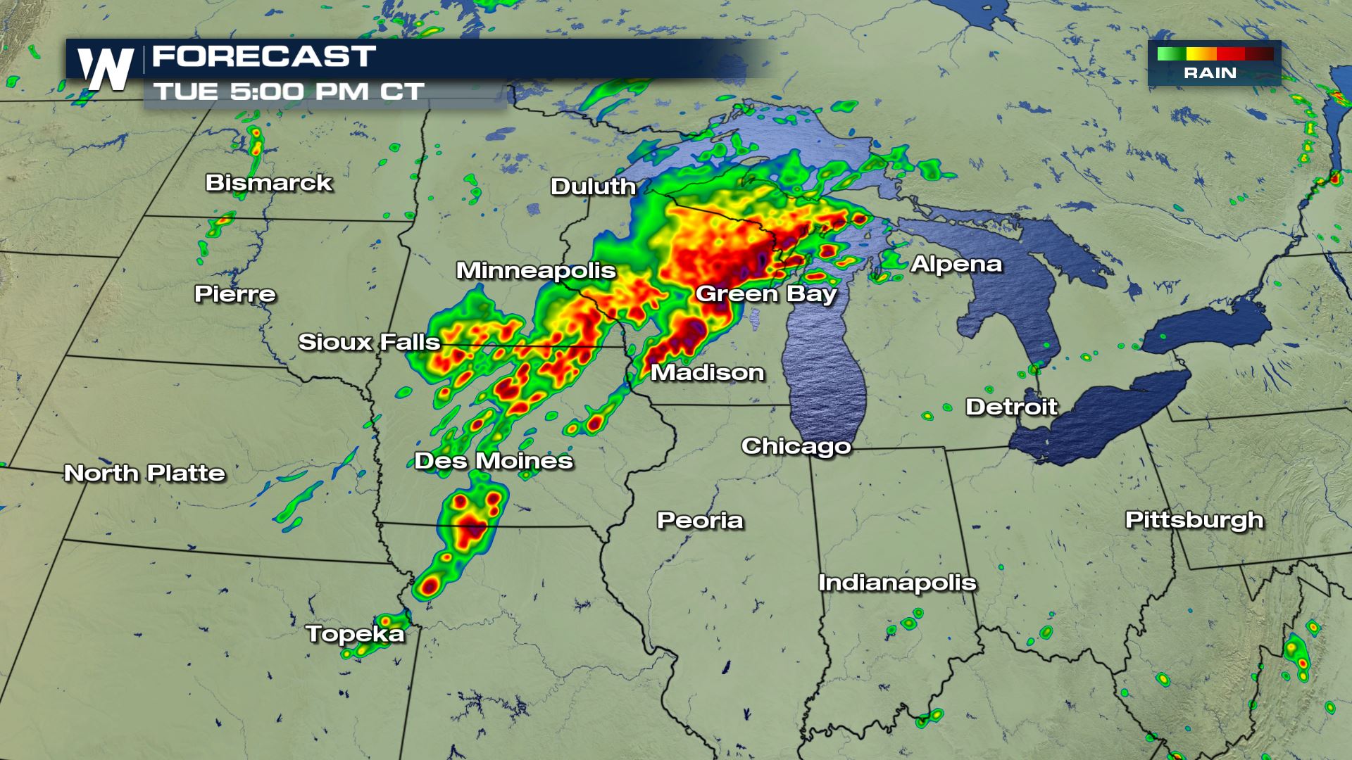 Severe Storms and Heavy Rain from Missouri to Michigan Tuesday