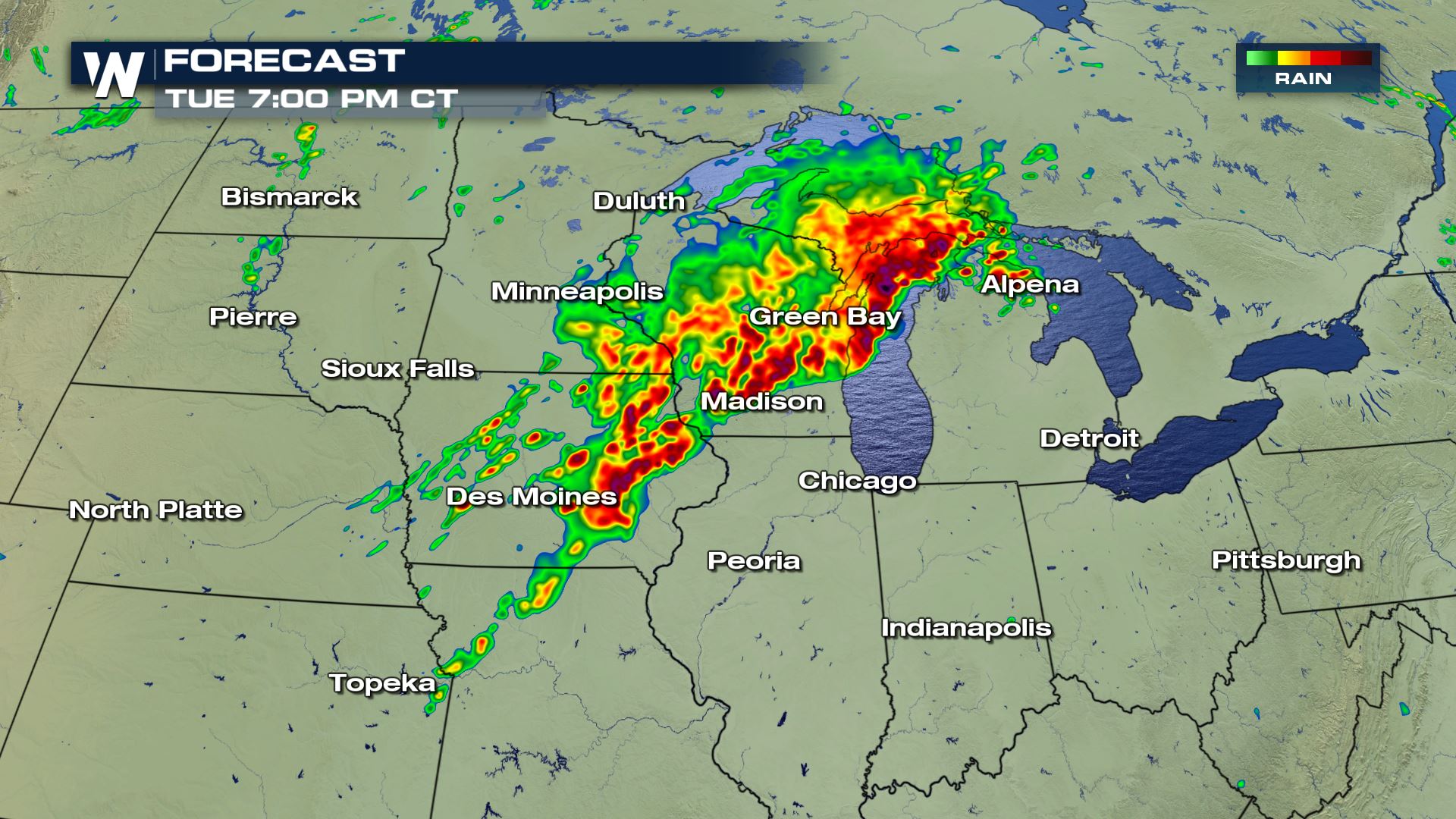 Severe Storms and Heavy Rain from Missouri to Michigan Tuesday