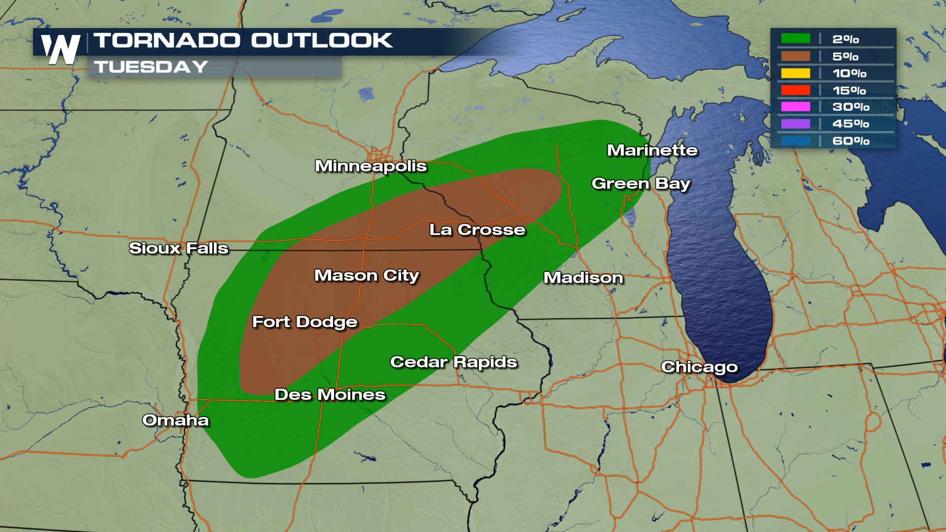 Tornadoes and Damaging Winds Possible for the Upper Midwest Tuesday