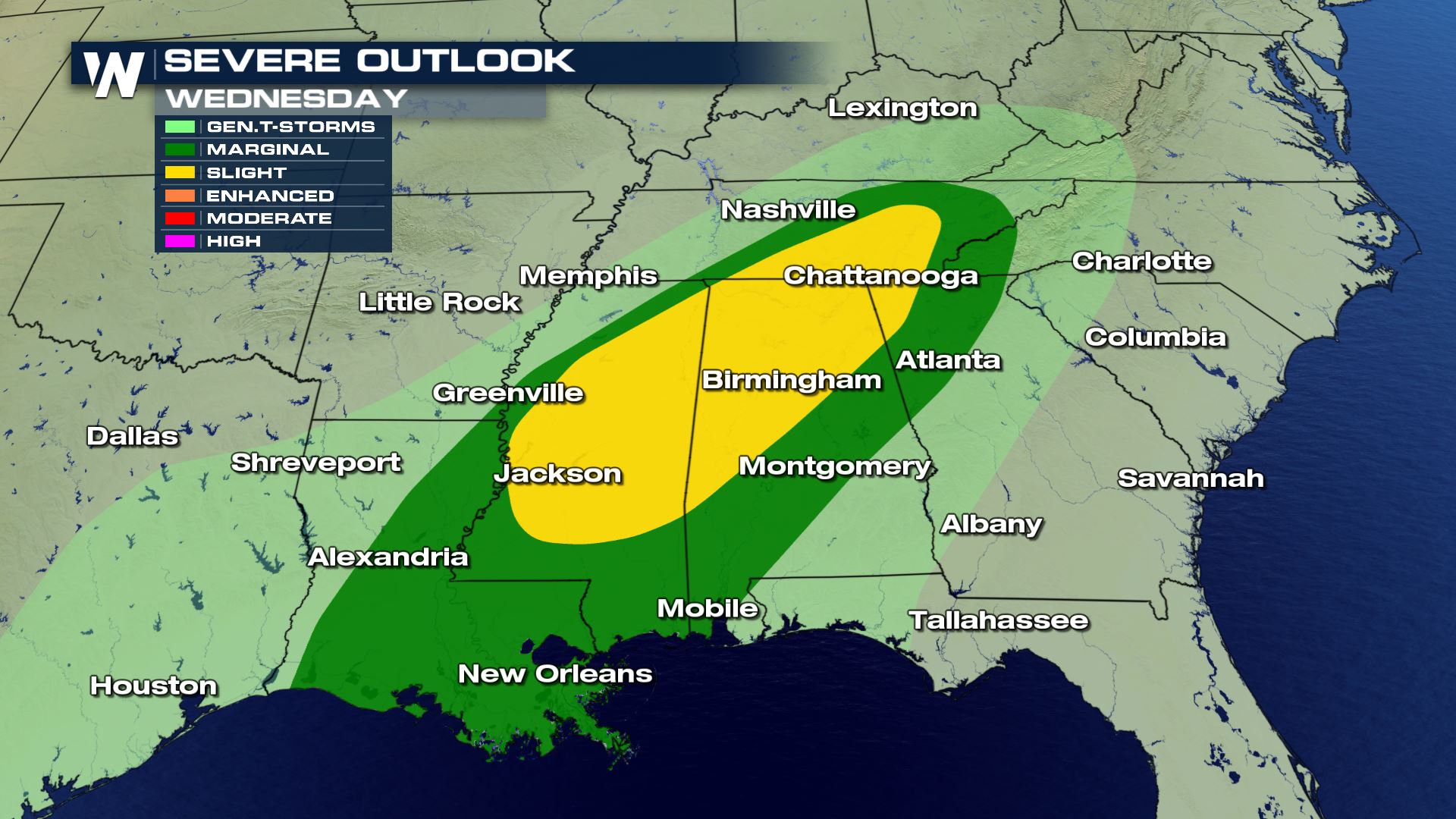 Severe Weather Possible Wednesday from the Gulf Coast to the Tennessee